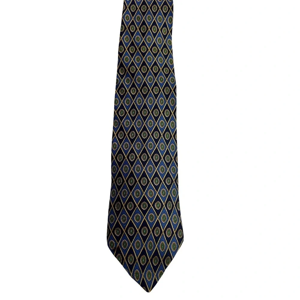 Tommy Hilfiger Silk Tie Mens OS Blue Geometric Diamond Medallion Made in USA A54